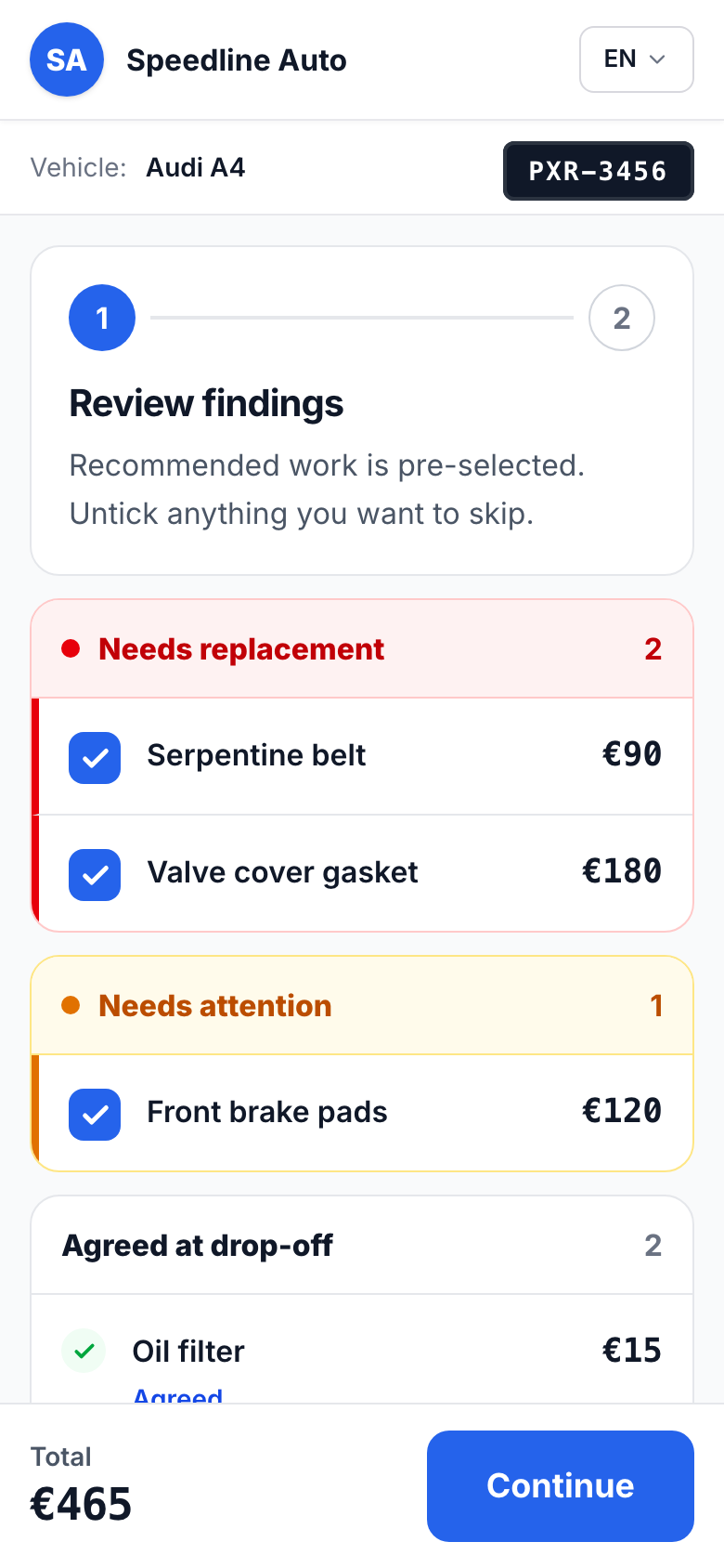 The customer approval link showing itemised findings with prices and an approve button.