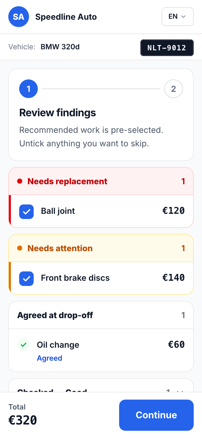 The customer approval link on a phone, branded as Speedline Auto.