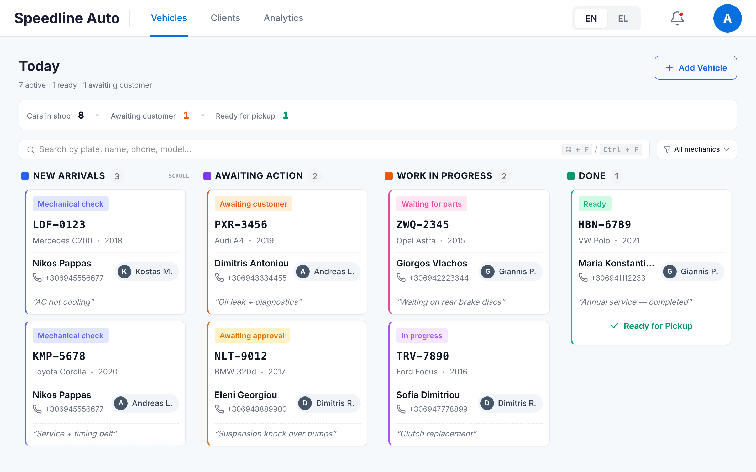The Garaz Kanban board showing vehicles across columns from New arrivals to Done.